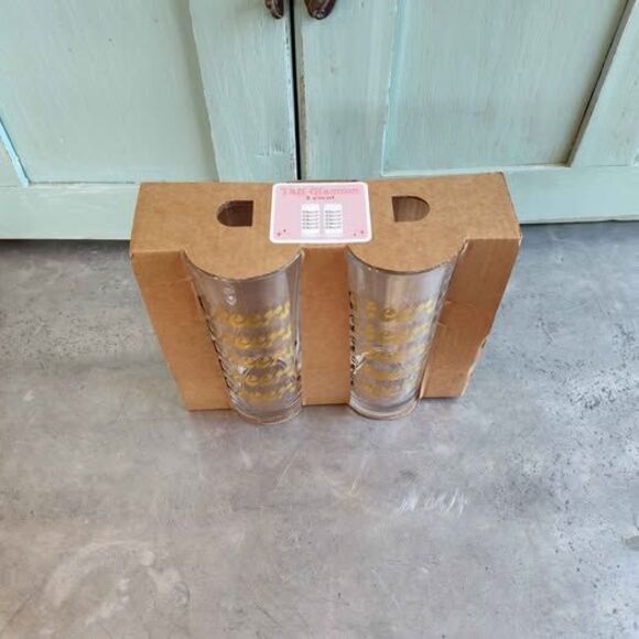 NEW 2 PK 6" Tall Gold Print Cheers Clear Glasses - Picture 3 of 9